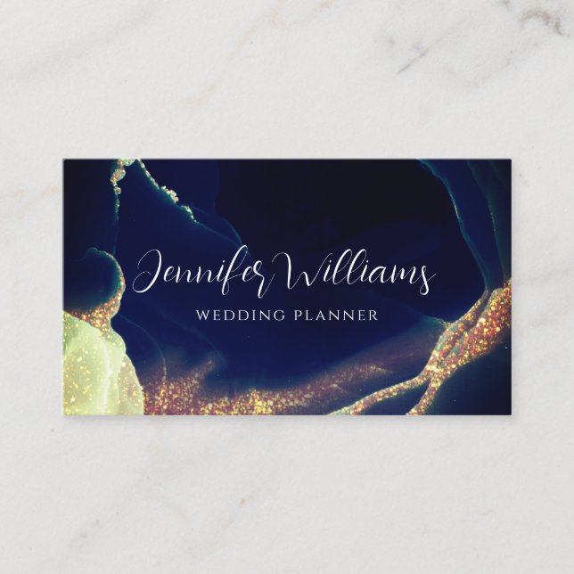 Modern Navy Blue Gold Glitter Wedding Planner Business Card (Front)