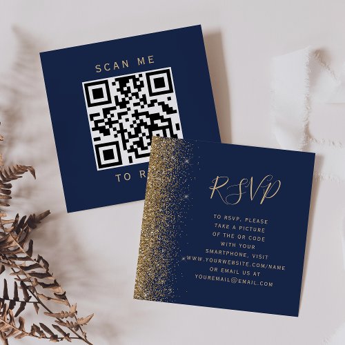 Modern Navy Blue Gold Glitter Wedding QR Code RSVP Enclosure Card