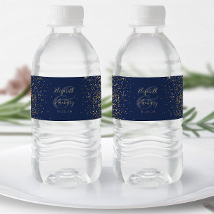 Modern Navy Blue Gold Glitter Wedding Water Bottle Label