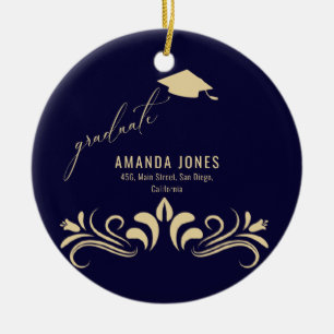 Modern Navy Blue Gold Grad Cap Graduation Ceramic Ornament