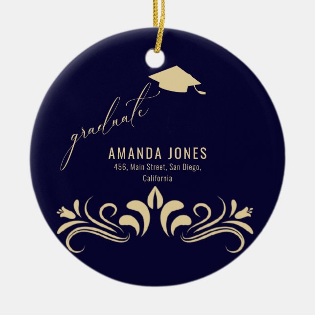 Modern Navy Blue Gold Grad Cap Graduation  Ceramic Ornament (Front)