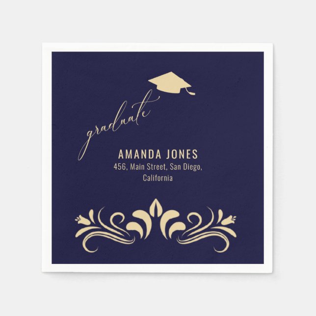 Modern Navy Blue Gold Grad Cap Graduation  Napkins (Front)