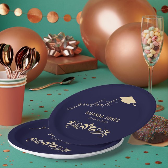 Modern Navy Blue Gold Grad Cap Graduation  Paper Plates (Multi)