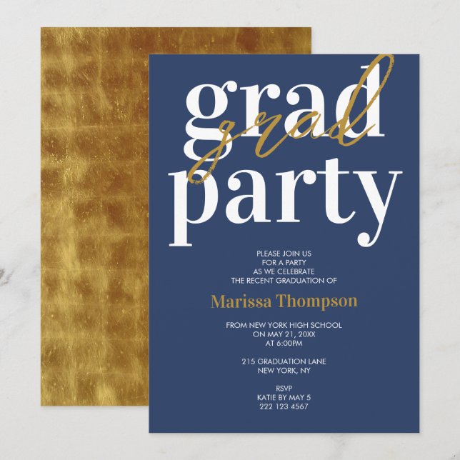 Modern Navy Blue Gold Graduation Party Invitation (Front/Back)