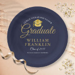 Modern Navy Blue Gold Graduation Party Paper Plates<br><div class="desc">An elegant graduation party paper plate featuring your grads details set in chic typography on a navy blue background. Designed by Thisisnotme©</div>