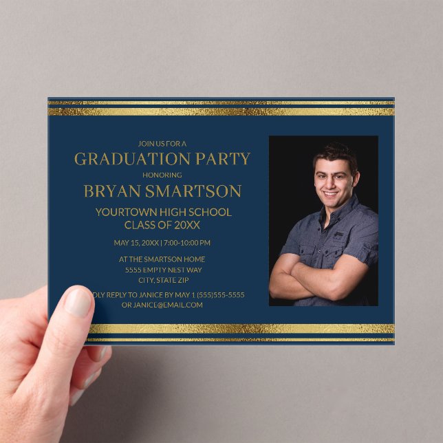 Modern Navy Blue Gold Graduation Photo Acrylic Invitations (Insitu (Handheld))