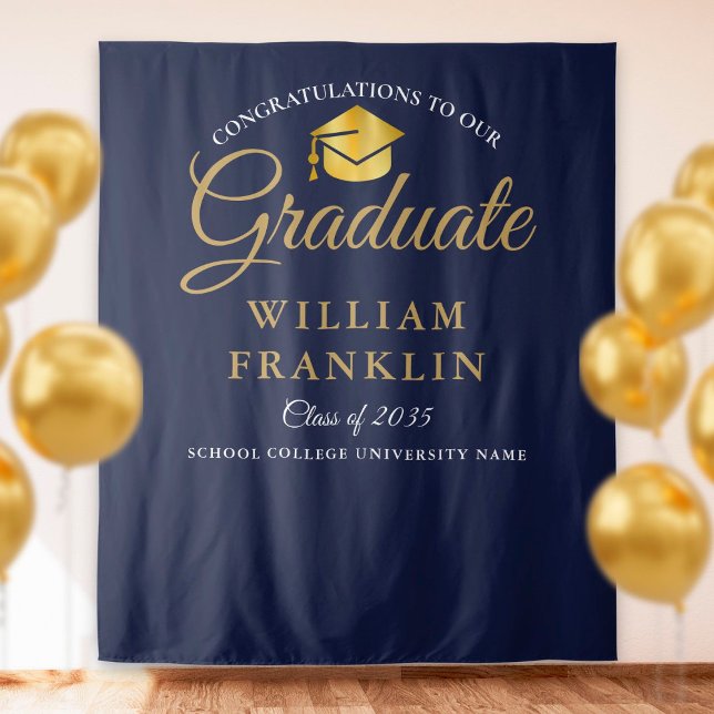 Modern Navy Blue Gold Graduation Photo Backdrop (Creator Uploaded)
