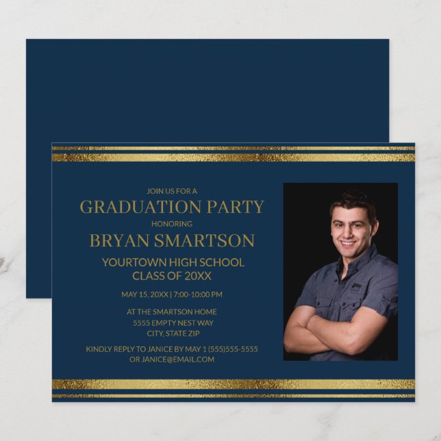 Modern Navy Blue Gold Graduation Photo Invitation (Front/Back)