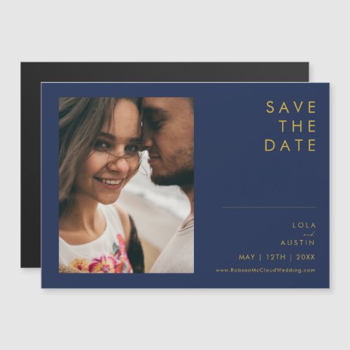 Modern Navy Blue  Gold Horizontal Save The Date Magnetic Invitation