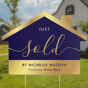 Modern Navy Blue & Gold Just Sold Realty Sign