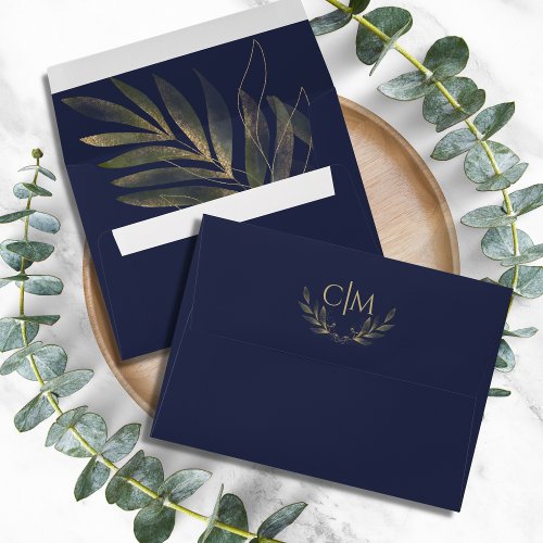 Modern Navy Blue Gold Leaf Wedding Monogram Envelope