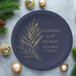 Modern Navy Blue Gold Leaf Wedding Monogram Paper Plates