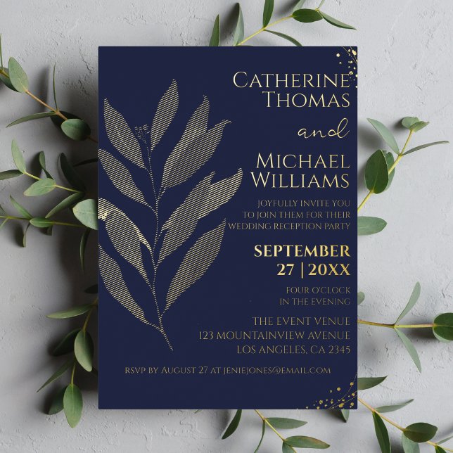 Modern Navy Blue Gold Leaf Wedding Reception Foil Invitation (Creator Uploaded)