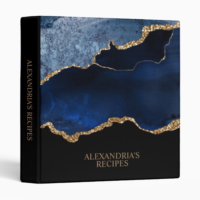 Modern Navy Blue Gold Marble Glitter Custom Recipe 3 Ring Binder (Front/Spine)