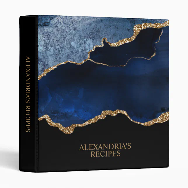 Modern Navy Blue Gold Marble Glitter Custom Recipe 3 Ring Binder | Zazzle