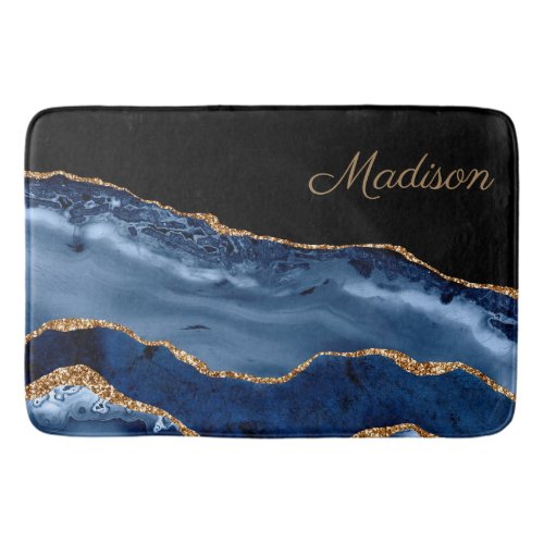 Modern Navy Blue Gold Marble Glitter Monogram  Bath Mat