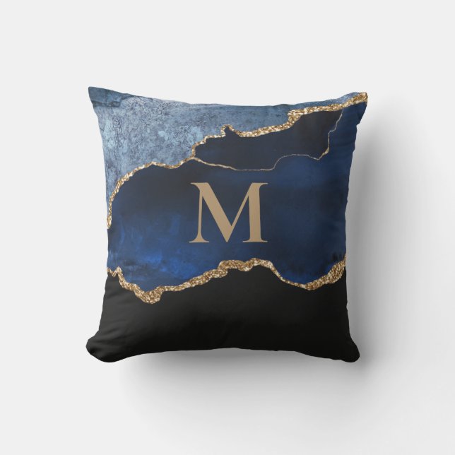 Modern Navy Blue Gold Marble Glitter Monogram Outdoor Pillow (Front)