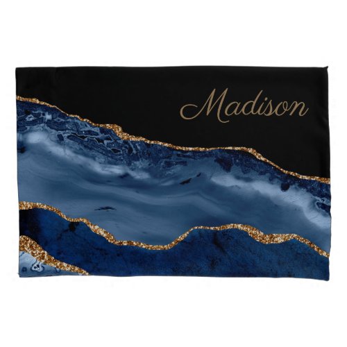 Modern Navy Blue Gold Marble Glitter Monogram Pillow Case