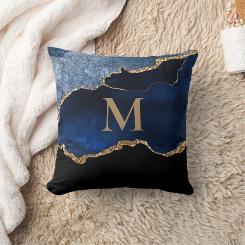 Modern Navy Blue Gold Marble Glitter Monogram  Thr Throw Pillow