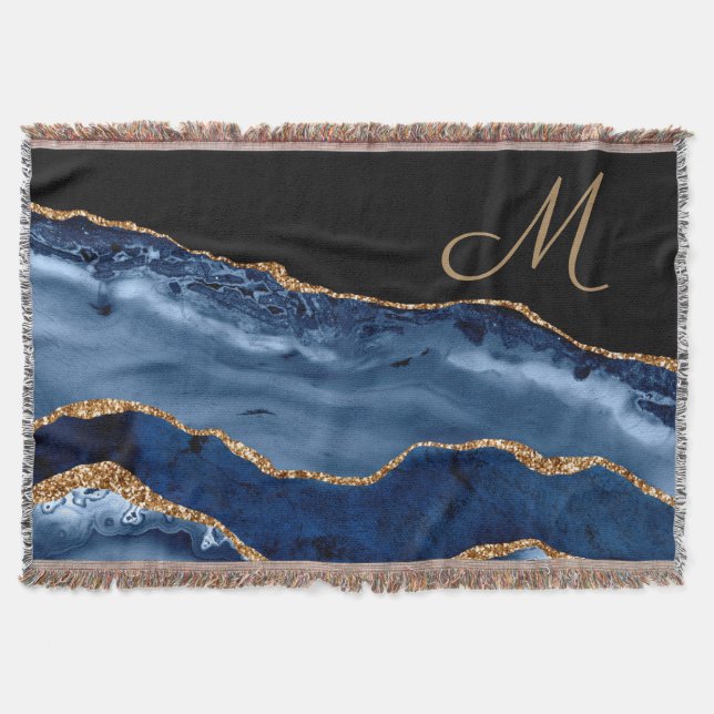 Modern Navy Blue Gold Marble Glitter Monogram  Throw Blanket (Front)