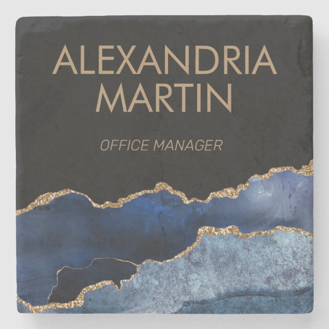 Modern Navy Blue Gold Marble Glitter Office Stone Coaster (Front)