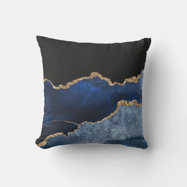 Modern Navy Blue Gold Marble Glitter Outdoor Pillow (Front)
