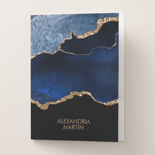 Modern Navy Blue Gold Marble Glitter Pocket Folder (Front)