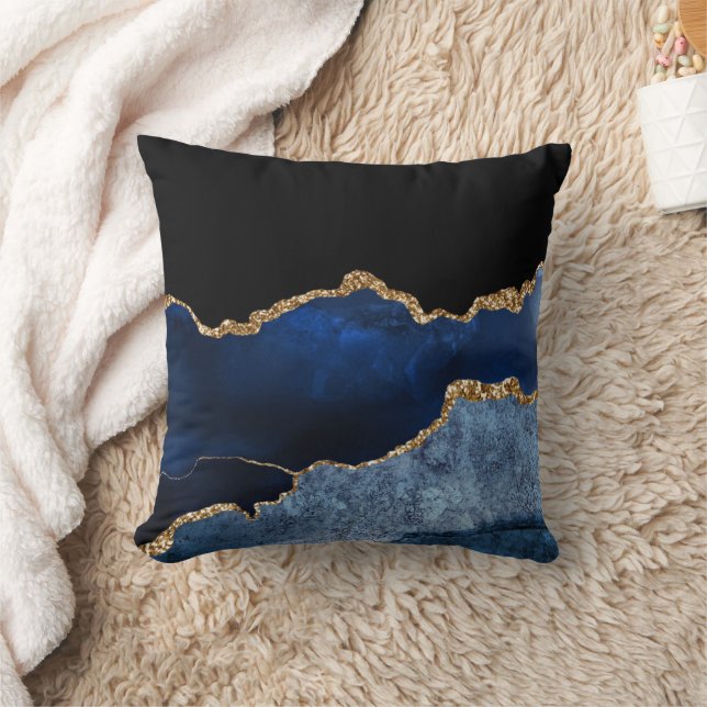 Modern Navy Blue Gold Marble Glitter  Throw Pillow (Blanket)