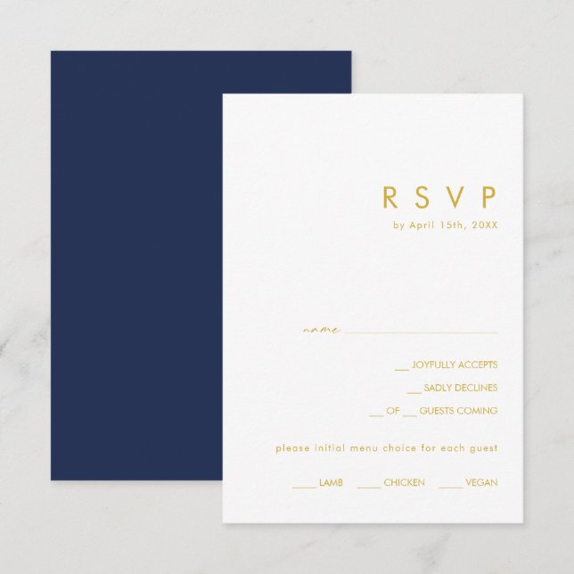 Modern Navy Blue | Gold Menu Choice RSVP Card (Front/Back)