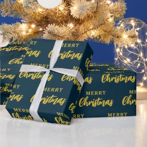 Modern Navy Blue Gold Merry Christmas Script Wrapping Paper