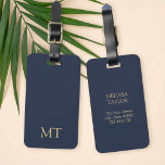Modern Navy Blue Gold Minimalist Initial Monogram Luggage Tag<br><div class="desc">Create your own personalized monogram luggage tag with custom initials and name in gold color typography on navy blue background.</div>