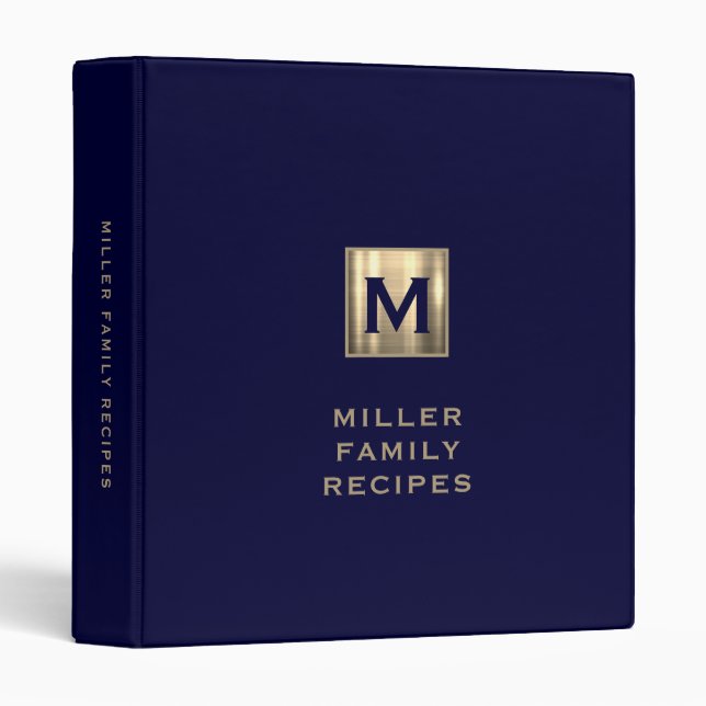 Modern Navy Blue Gold Monogram Family Recipe 3 Ring Binder (Front/Spine)