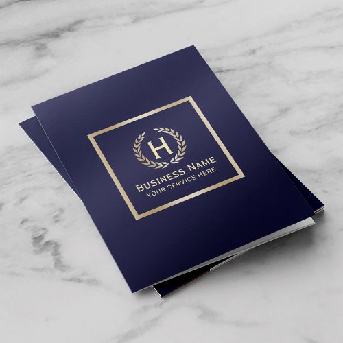 Modern Navy Blue  Gold Monogram initial Business Pocket Folder