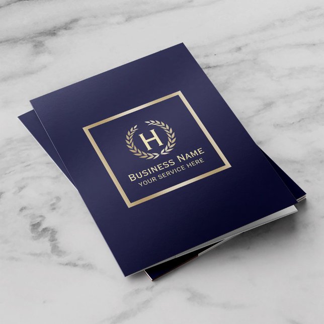 Modern Navy Blue & Gold Monogram initial Business Pocket Folder (Creator Uploaded)