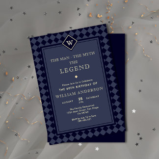 Modern Navy Blue & Gold Monogram Legend Invitation