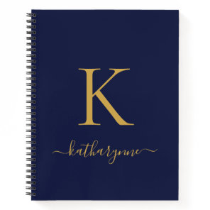 Modern Navy Blue Gold Monogram Name Notebook