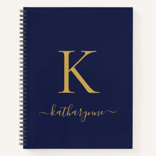 Modern Navy Blue Gold Monogram Name Notebook