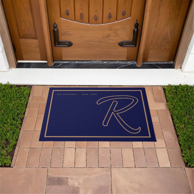 Modern Navy Blue Gold Monogram Script Family Name Doormat (Outdoor)
