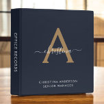 Modern Navy Blue Gold Monogram Script Name Initial 3 Ring Binder<br><div class="desc">This Modern Navy Blue Gold Monogram Script Name Initial 3-Ring Binder combines elegance and functionality for a sophisticated organizational solution. Featuring a rich navy blue cover with a gold monogram of your initials and a graceful script name, this binder offers a personal touch while keeping your documents neatly arranged. Perfect...</div>