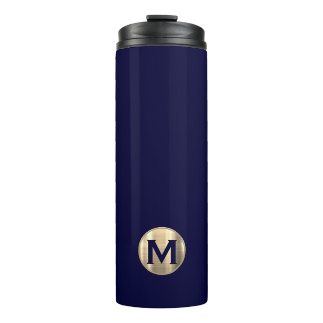 Modern Navy Blue Gold Monogram Thermal Tumbler (Front)