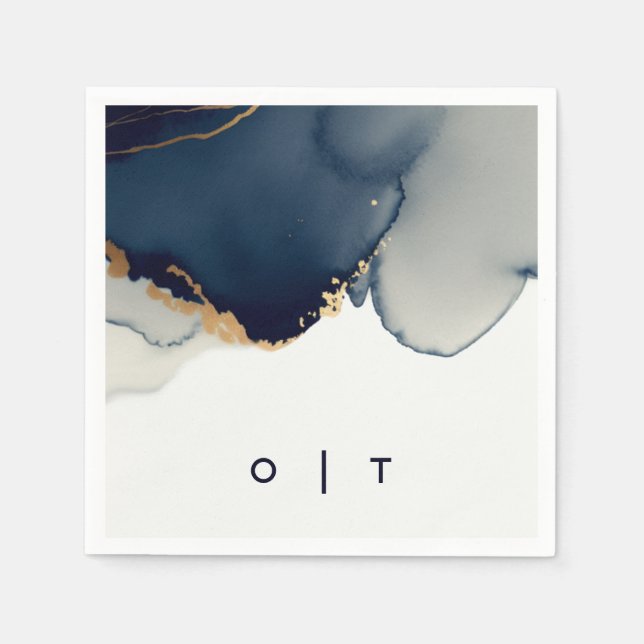 Modern Navy Blue Gold Monograms Beach Wedding Napkins (Front)