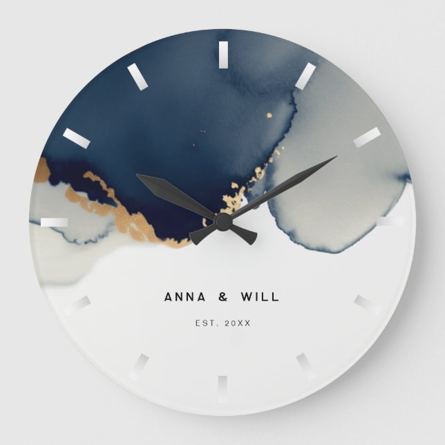 Modern Navy Blue Gold Nautical Coastal Anniversary Large Clock (Front)