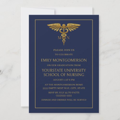 Modern Navy Blue Gold Nursing School MN Graduate Invitation