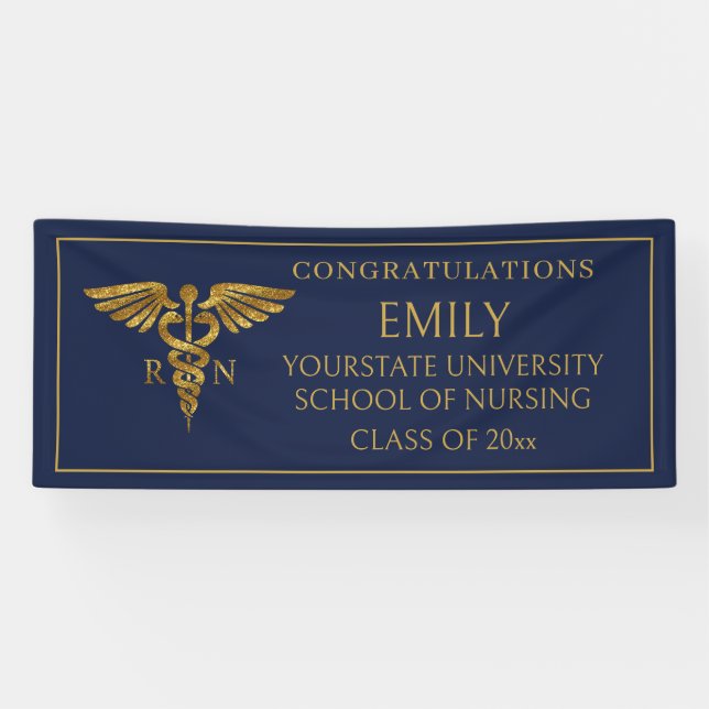 Modern Navy Blue Gold Nursing School RN Graduation Banner (Horizontal)
