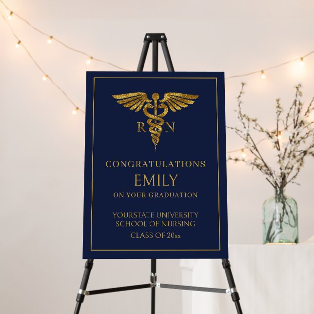 Modern Navy Blue Gold Nursing School RN Graduation Foam Board (In Situ (Stand))