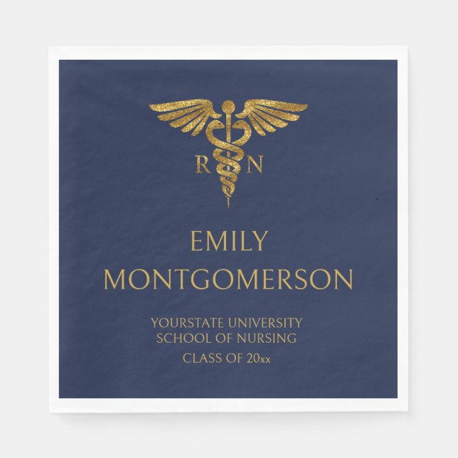 Modern Navy Blue Gold Nursing School RN Graduation Napkins (Front)