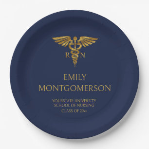 Modern Navy Blue Gold Nursing School RN Graduation Paper Plates