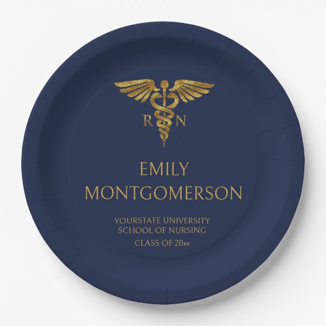 Modern Navy Blue Gold Nursing School RN Graduation Paper Plates (Front)