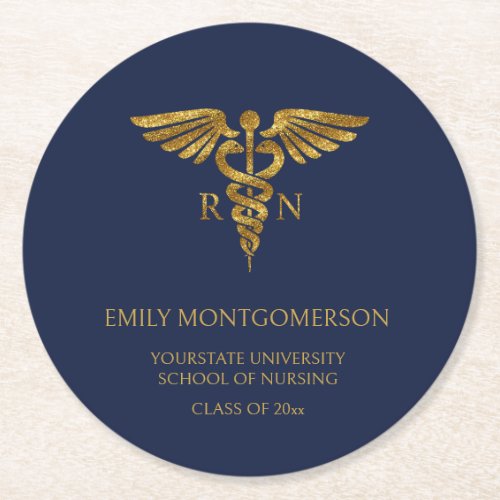Modern Navy Blue Gold Nursing School RN Graduation Round Paper Coaster