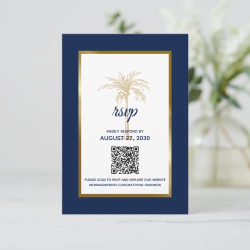 Modern Navy Blue Gold Palm Tree Modern Wedding RSVP Card